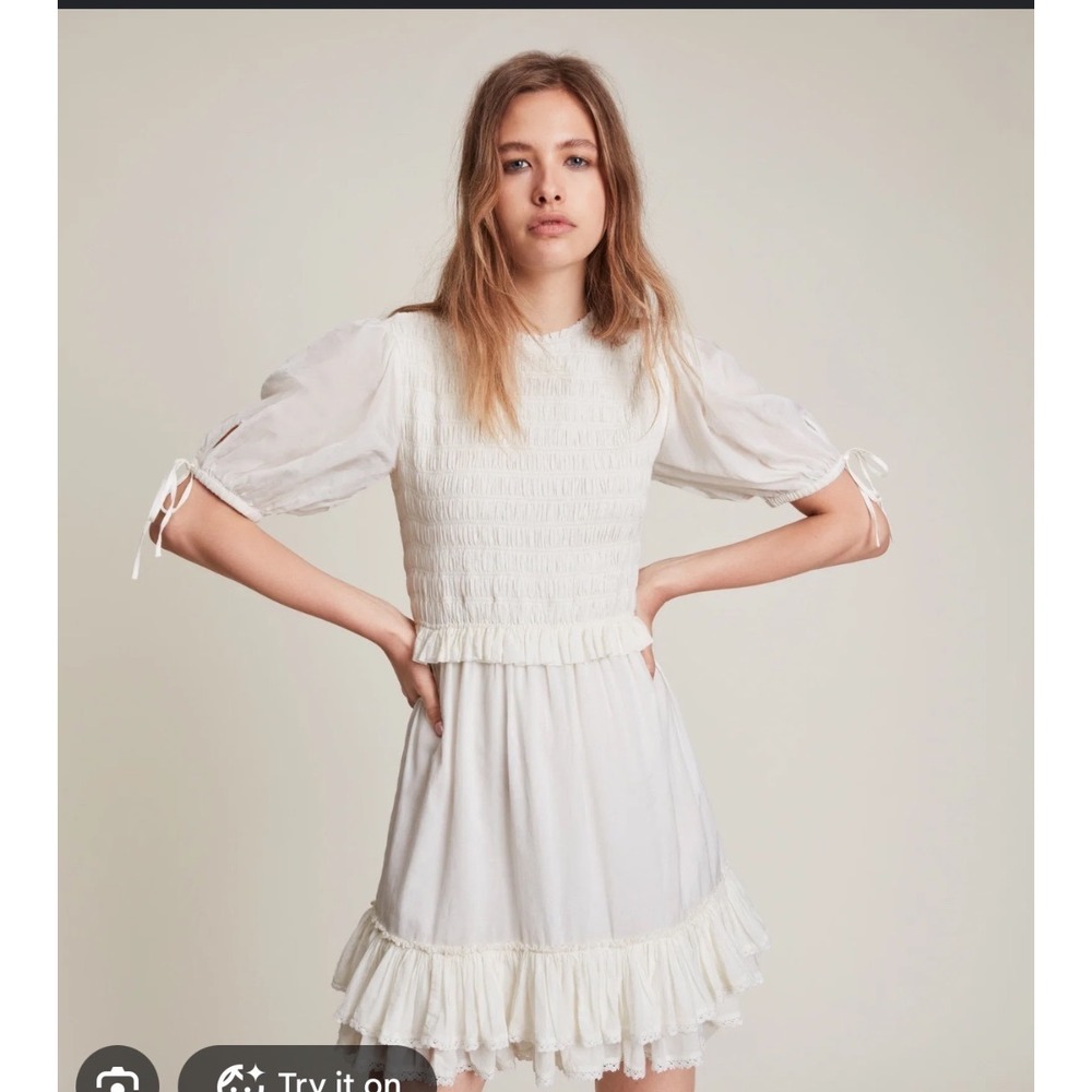 AllSaints Jaya Dress Chalk White Smocked Ruffle Mini WD140V Size US 2 NEW